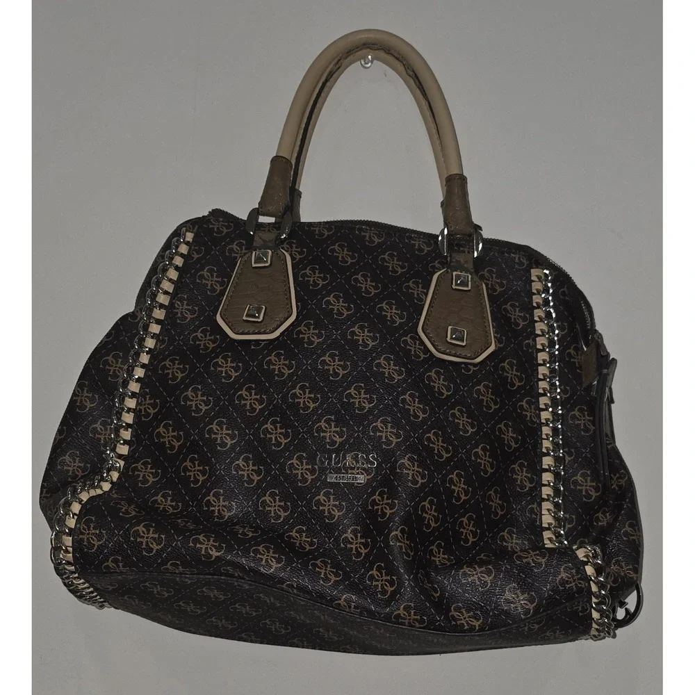 GUESS‎ Brown Beige Logo Chain Studded Satchel Bag Silver Hardware